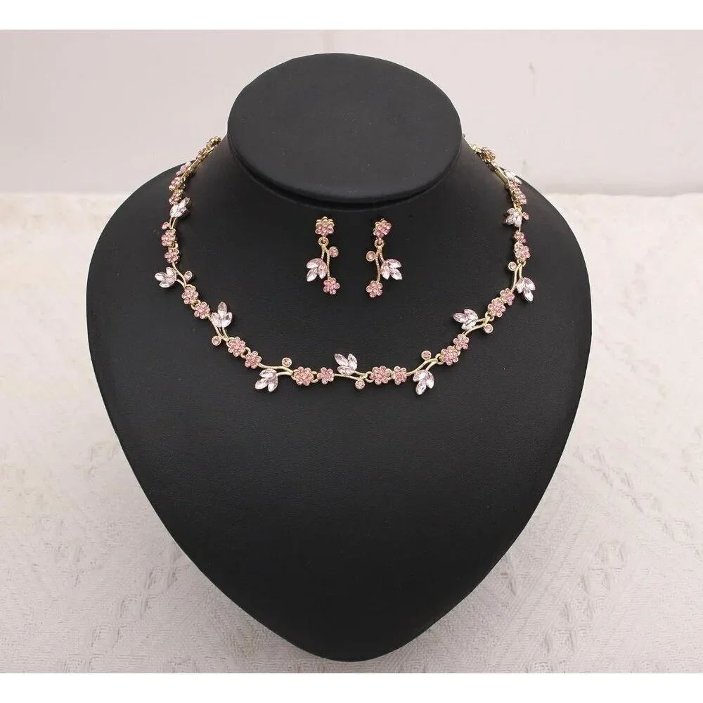 Flower Leaf Jewelry Set Choker Earrings Bracelet Wedding Prom Crystal Gold